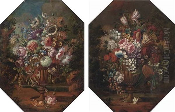 Parrot Tulips, Roses, Hydrangeas, Carnations And Other Flowers In An Urn In A Clearing (+ Roses, Carnations, Parrot Tulips And Other Flowers In An Urn In A Clearing; Pair) Oil Painting by Mario Nuzzi Mario Dei Fiori