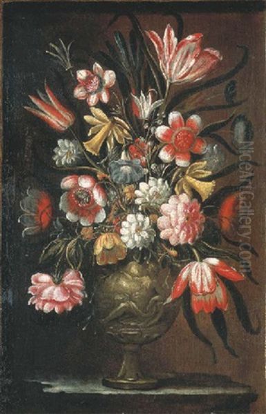 Fleurs Dans Un Cadre En Trompe L'oil Oil Painting by Mario Nuzzi Mario Dei Fiori