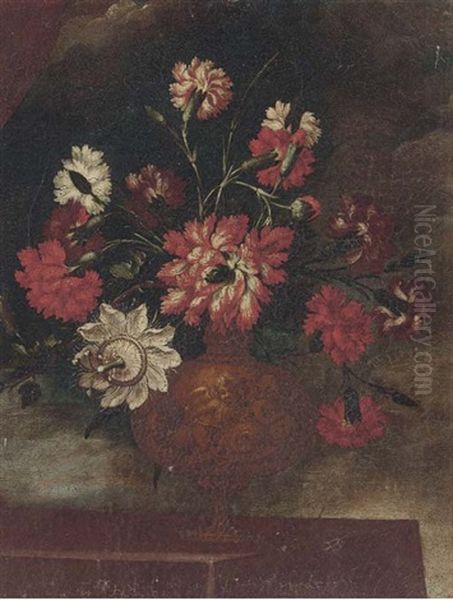 Carnations And Other Flowers In A Vase On A Ledge Oil Painting by Mario Nuzzi Mario Dei Fiori