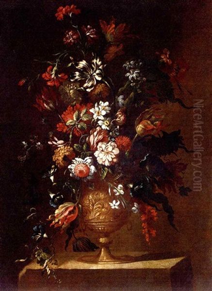 Parrot Tulips, Carnations, Narcissi, Morning Glory And Other Flowers In A Sculpted Urn On A Stone Ledge Oil Painting by Mario Nuzzi Mario Dei Fiori