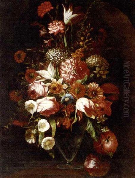 Parrot Tulips, Roses, Narcissi, Hydrangeas, Convolvulus And Other Flowers In A Glass Vase In A Niche Oil Painting by Mario Nuzzi Mario Dei Fiori