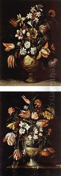 A Still Life With Tulips, Carnations, Daffodils, Auricula, Jasmine And Other Flowers In A Sculpted Stone Vase (+ A Still Life With Tulips, Jasmin, Carnations, Auricula And Other Flowers; Pair) Oil Painting by Mario Nuzzi Mario Dei Fiori