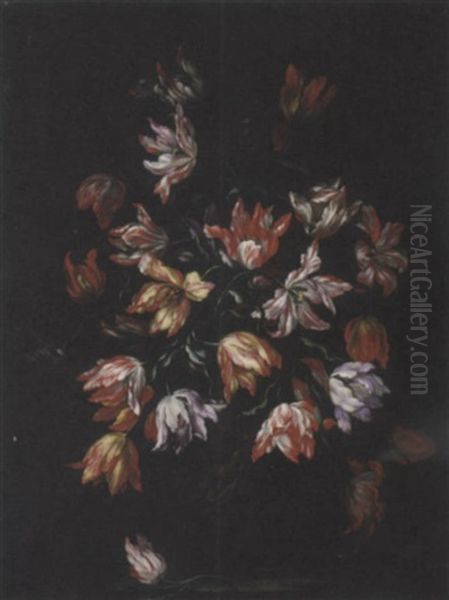 Tulipani In Un Vaso Scolpito Con Venere E Amorini Oil Painting by Mario Nuzzi Mario Dei Fiori