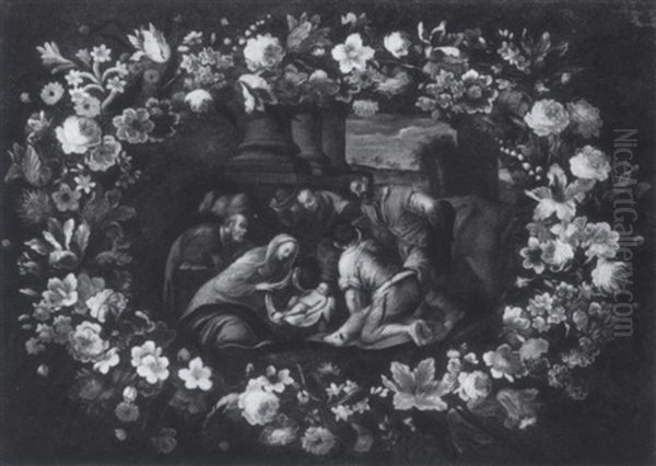 Blumenguirlande Um Eine Anbetung Der Hirten Oil Painting by Mario Nuzzi Mario Dei Fiori