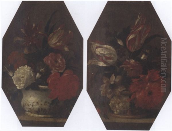 A Parrot Tulip, An Iris, Chrysanthemums, Convolvulus And Other Flowers In A Vase On A Ledge Oil Painting by Mario Nuzzi Mario Dei Fiori