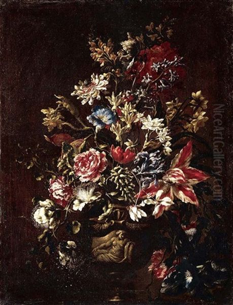 A Still Life Of Carnations, Lilies, Peonies, Irises And Other Flowers In Stone Urn On A Pedestal Oil Painting by Mario Nuzzi Mario Dei Fiori