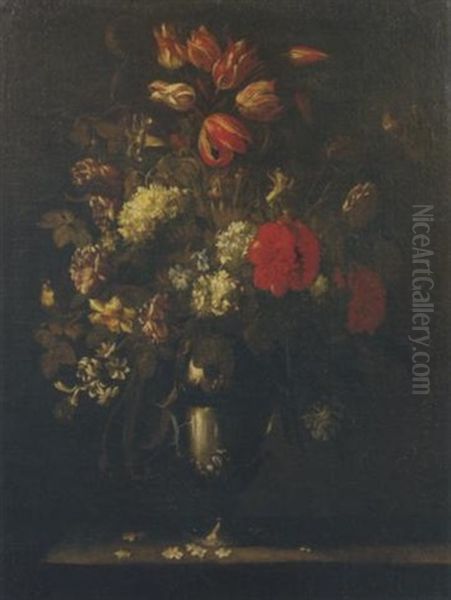 Garofani, Tulipani, Campanule E Altri Fiori In Un Vaso Di Metallo Su Un Piano Di Pietra E Piccoli Uccelli Oil Painting by Mario Nuzzi Mario Dei Fiori