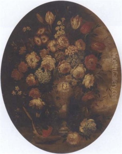 Roses, Tulips And Other Mixed Flowers In A Chinese Vase With A Bird Oil Painting by Mario Nuzzi Mario Dei Fiori