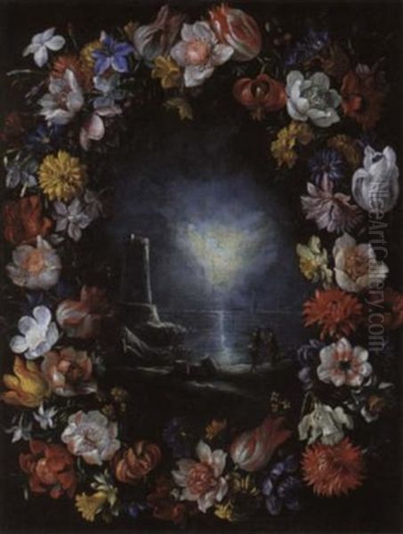 Blumenkranz Um Ein Kartuschenbild Mit Einer Vollmondbeschienenen Kustenlandschaft Oil Painting by Mario Nuzzi Mario Dei Fiori