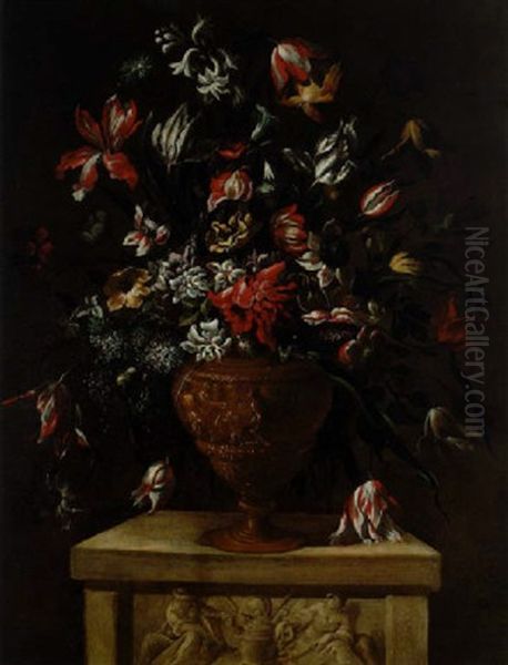 Bouquet Di Fiori Entro Un Vaso Ad Anfora, Sbalzato A Figure Oil Painting by Mario Nuzzi Mario Dei Fiori