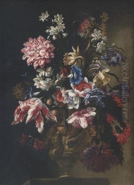 Ritratto Di Vaso Metallico Con Fiori Oil Painting by Mario Nuzzi Mario Dei Fiori