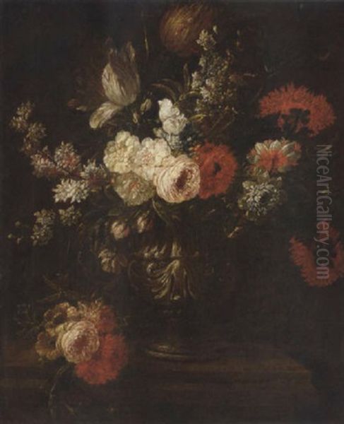 Parrot Tulips, Narcissi, Roses, Chrysanthemums And Other Flowers In An Urn On A Ledge Oil Painting by Mario Nuzzi Mario Dei Fiori