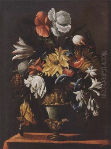 Tulips, Poppies, Morning Glory And Other Flowers In A Vase On A Draped Ledge Oil Painting by Mario Nuzzi Mario Dei Fiori