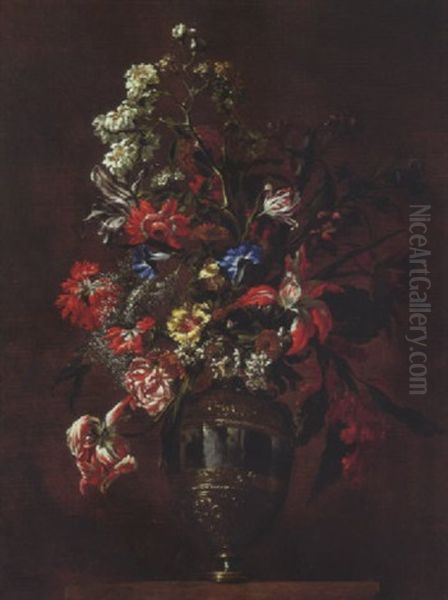 Vase De Fleurs Sur Un Entablement Oil Painting by Mario Nuzzi Mario Dei Fiori