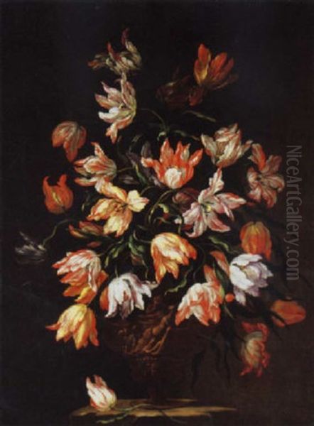 Tulips In A Sculpted Urn On A Stone Plinth Oil Painting by Mario Nuzzi Mario Dei Fiori