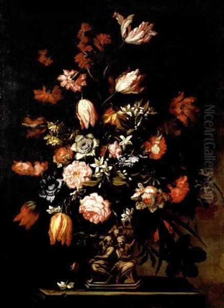 Floral Still Life With Tulips, Carnations, Daffodils, Peonies And Other Flowers In A Figural Vase Oil Painting by Mario Nuzzi Mario Dei Fiori