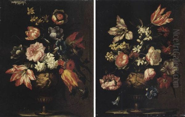Still Life Of Various Flowers In A Terracotta Vase With A Female Figure In Relief, Upon Stone Plinth Oil Painting by Mario Nuzzi Mario Dei Fiori