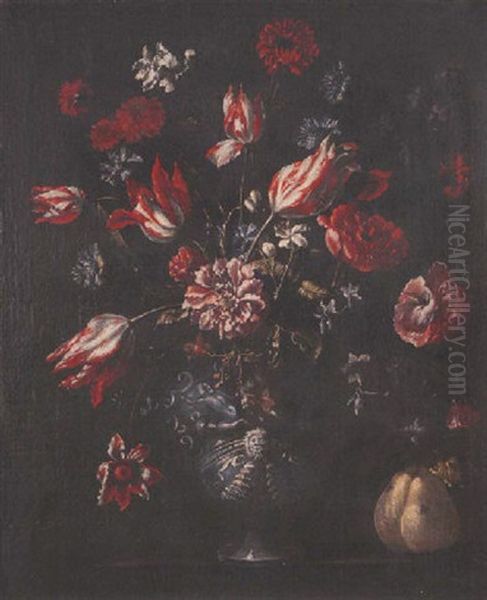 Still Life Of Flowers In A Blue Ceramic Vase Beside A Quince, Standing On A Pedestal Oil Painting by Mario Nuzzi Mario Dei Fiori