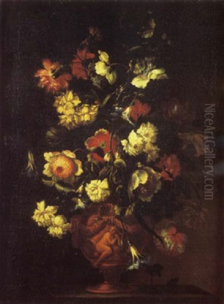 Bouquet De Fleurs Dans Un Vase Sculpte Dispose Sur Un Entablement Oil Painting by Mario Nuzzi Mario Dei Fiori