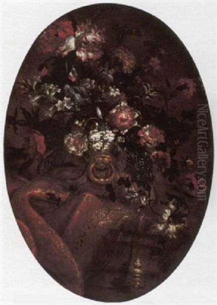 Natura Morta Con Vaso Di Fiori E Tappeto Oil Painting by Mario Nuzzi Mario Dei Fiori