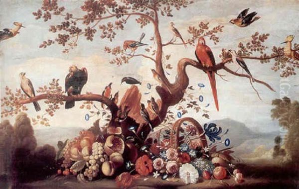An Extensive Landscape With An Exotic Cornucopia Of Birds, Fruit And Flowers Oil Painting by Mario Nuzzi Mario Dei Fiori