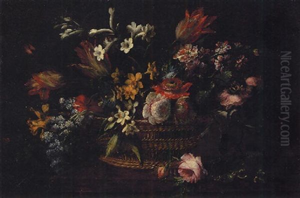 Flowers In A Basket On A Wooden Ledge Oil Painting by Mario Nuzzi Mario Dei Fiori