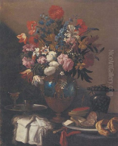 Roses, Tulips, Daffodils, Morning Glory, Peonies And Other Flowers, With Olives, Bread, Meat, Cheese And Wine On A Ledge Oil Painting by Mario Nuzzi Mario Dei Fiori