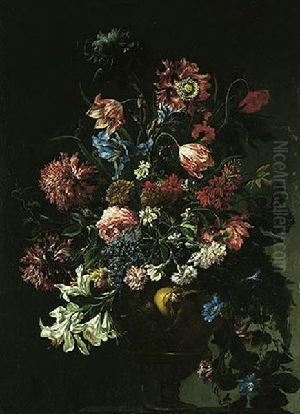 A Still Of Lilies, Carnations, Morning Glory, Poppies, Irises And Daffodils, In A Sculpted Stone Urn, Set Upon A Stone Ledge Oil Painting by Mario Nuzzi Mario Dei Fiori