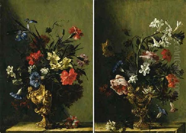 Irises, Narcissi, Carnations, Daffodils And Other Flowers In A Gilt Urn On A Stone Ledge Oil Painting by Mario Nuzzi Mario Dei Fiori