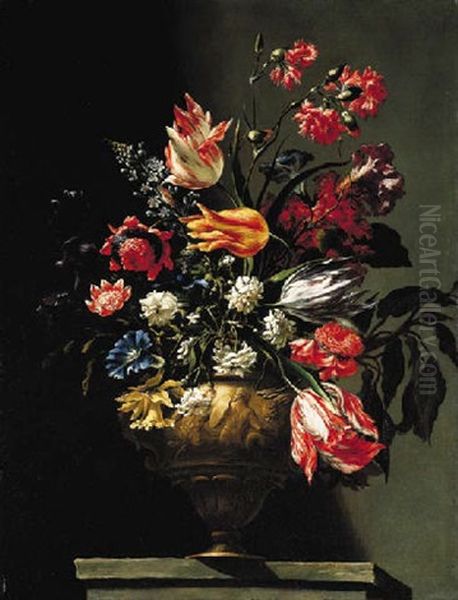 Parrot Tulips, Carnations, Morning Glory, A Daffodil And Other Flowers In A Sculpted Urn On A Pedestal Oil Painting by Mario Nuzzi Mario Dei Fiori