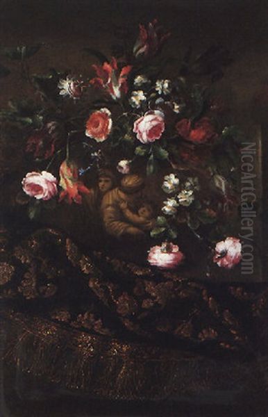 A Still Life Of Roses, Variegated Tulips And Other Flowers In A Sculpted Vase With A Trompe L'oeil Image Of The Holy Family Oil Painting by Mario Nuzzi Mario Dei Fiori