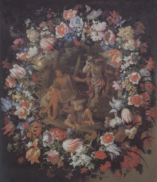 Ghirlanda Di Fiori Con Erminia Tra I Pastori Oil Painting by Mario Nuzzi Mario Dei Fiori