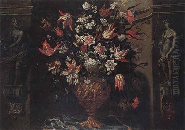 Still Life Of Variegated Tulips, Daffodils, Convulvuli And Other Flowers In A Sculpted Urn In A Stone Niche Flanked By Statues Of Hebe And Diana Oil Painting by Mario Nuzzi Mario Dei Fiori