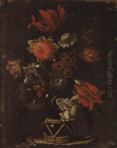 Parrot Tulips, Chrysanthemums, A Thistle, And Other Flowers In A Vase On A Stone Ledge Oil Painting by Mario Nuzzi Mario Dei Fiori