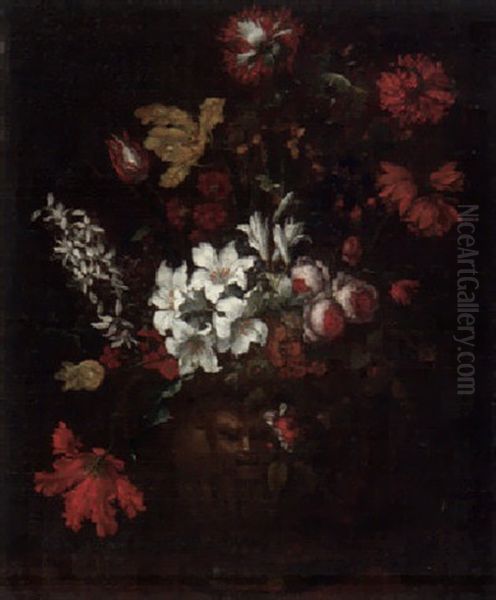 Blumenbouquet Mit Pfingstrosen Und Lilien In Skulptierter Vase Oil Painting by Mario Nuzzi Mario Dei Fiori