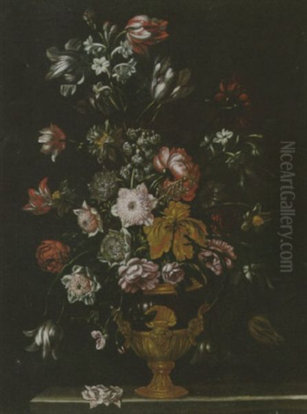 Blumenstrauss In Einer Skulptierten Vase Oil Painting by Mario Nuzzi Mario Dei Fiori