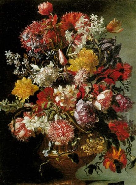 Still Life Of Flowers In A Sculpted Vase Oil Painting by Mario Nuzzi Mario Dei Fiori