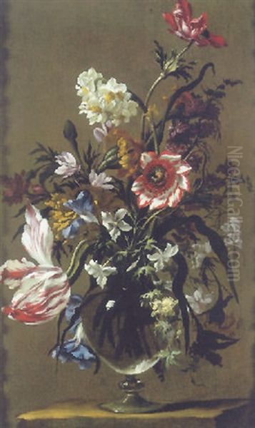Flowers In A Glass Vase Oil Painting by Mario Nuzzi Mario Dei Fiori