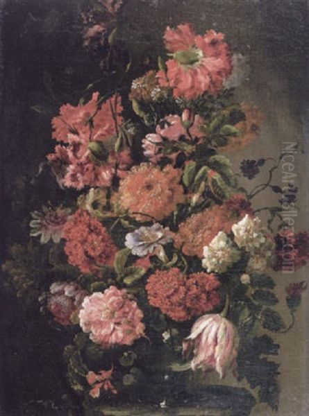 Still Life Of Carnations, Roses, Tulips, Convolvulus, Passion Flowers And Others In A Glass Vase On A Stone Ledge Oil Painting by Mario Nuzzi Mario Dei Fiori