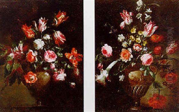 Still Life Of Roses, Anemones And Tulips In A Vase Oil Painting by Mario Nuzzi Mario Dei Fiori