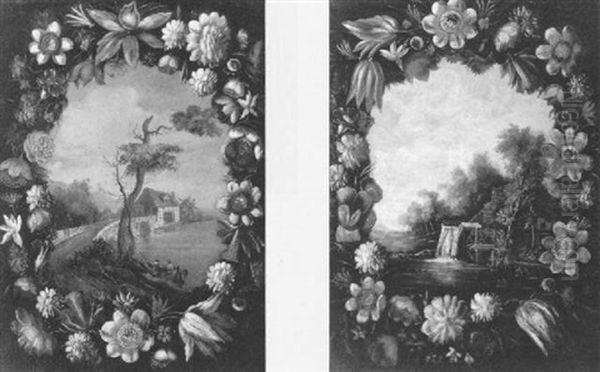 Garlards Of Flowers With Idyllic Landscapes Oil Painting by Mario Nuzzi Mario Dei Fiori