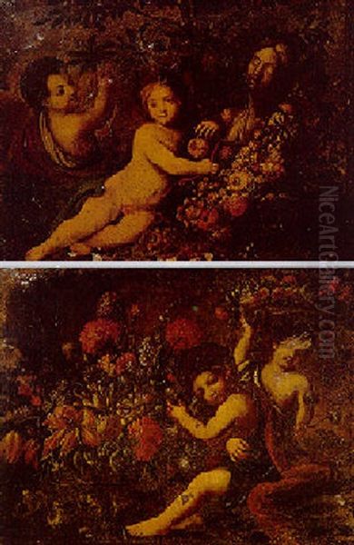 Putti With Carnations, Lilies, Tulips, Peonies And Other Flowers Oil Painting by Mario Nuzzi Mario Dei Fiori