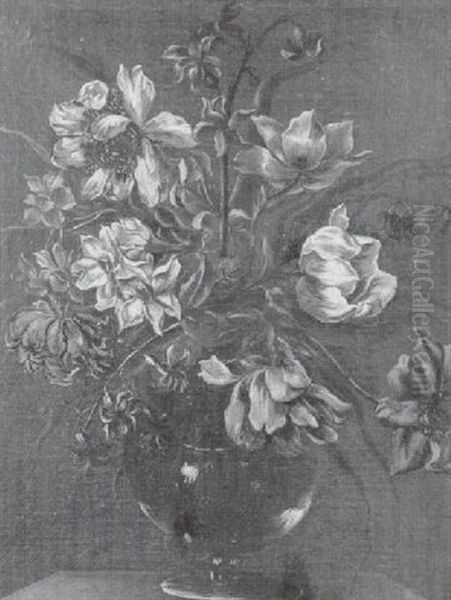 Bouquet De Fleurs Dans Un Vase En Verre Sur Un Entablement Oil Painting by Mario Nuzzi Mario Dei Fiori
