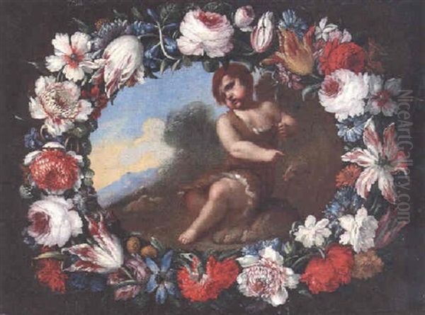 The Infant Saint John The Baptist Surrounded By A Garland Of Flowers Oil Painting by Mario Nuzzi Mario Dei Fiori
