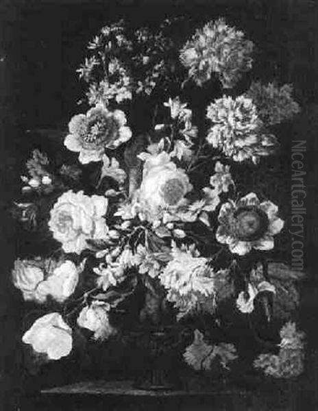 Still Life Of Flowers In A Terracotta Vase On A Stone Ledge Oil Painting by Mario Nuzzi Mario Dei Fiori