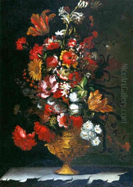 Bouquet De Fleurs Sur Un  Entablement De Pierre Oil Painting by Mario Nuzzi Mario Dei Fiori
