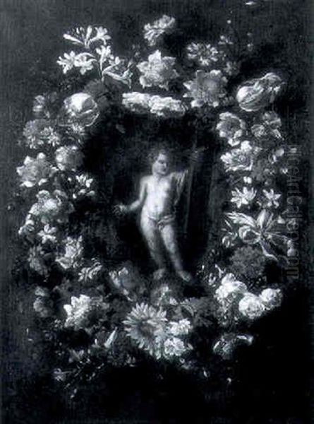 Guirlande De Fleurs Entourant L'enfant Jesus Oil Painting by Mario Nuzzi Mario Dei Fiori