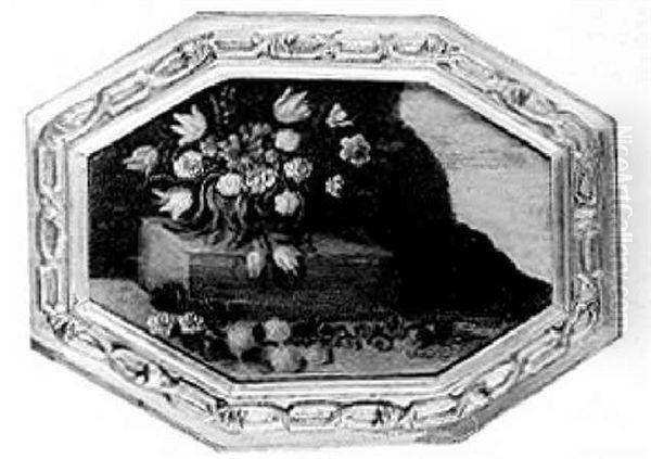 Flowers In A Vase On A Stone Ledge In A Landscape Oil Painting by Mario Nuzzi Mario Dei Fiori