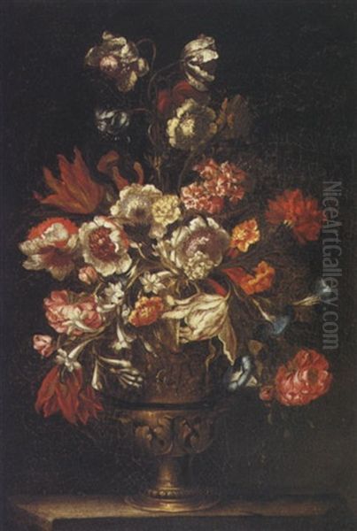 Still Life Of Tulips, Carnations, Roses, Stephanotis And Other Flowers In An Urn On A Stone Ledge Oil Painting by Mario Nuzzi Mario Dei Fiori