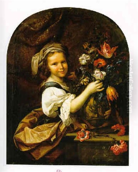 Ritratto Di Una Fanciulla Con Un Mazzo Di Fiori - Capparis Sinosa, Tulipani, Anemoni, Garofani Oil Painting by Mario Nuzzi Mario Dei Fiori